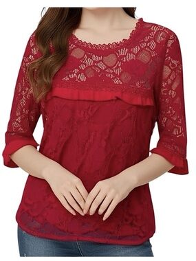 Available by Angela Floral Lace Mesh Ruffle Trim Top Red Preppy Business Office